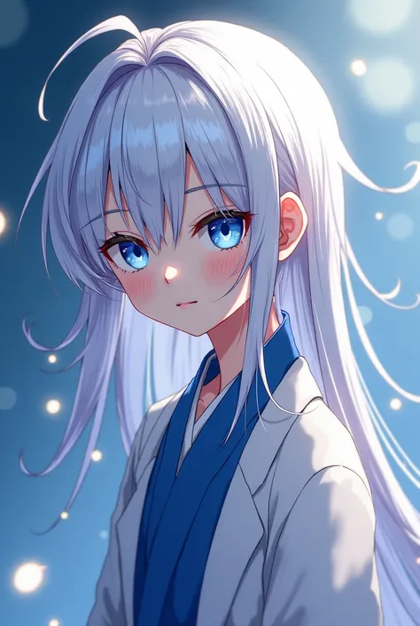 Anime boy character, white hair, long hair,  straight hair, beautiful, blue eyes, design,  Japanese anime .