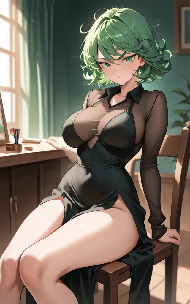 (masterpiece,great quality,best quality),Brush,astroostylev5,Alone,Tatsumaki 171 ,short hair,green eyes,green hair,black dress,cowboy shooting,sitting,、
Big Breasts