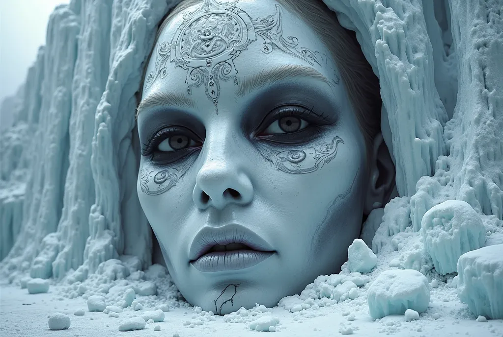 A mysterious face of a giant statue sculpted on one of the ice walls of Antarctica,This face bears a feminine and terrifying resemblance to black eyes and mysterious cryptos written on the walls. Epic fantasy 3D cinematic style .