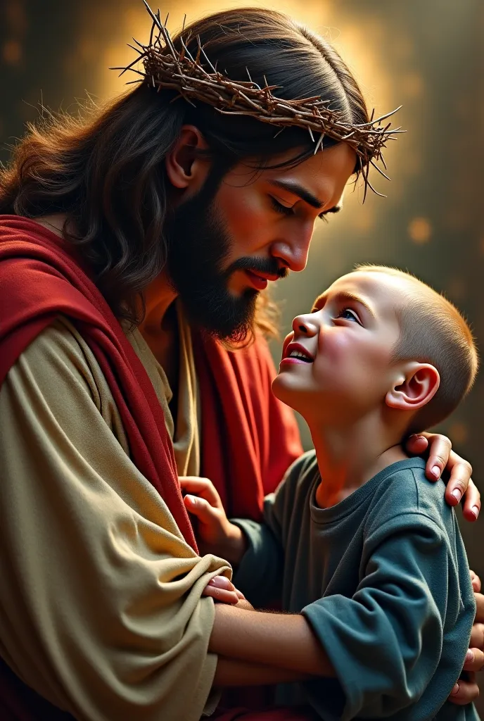 A profoundly spiritual scene And emotional portrays Jesus Christ with a serene and compassionate look, placing your hand gently over the head of a sick .  He has long brown hair , a well-defined beard and wears an intertwined crown of thorns. Your face tra...