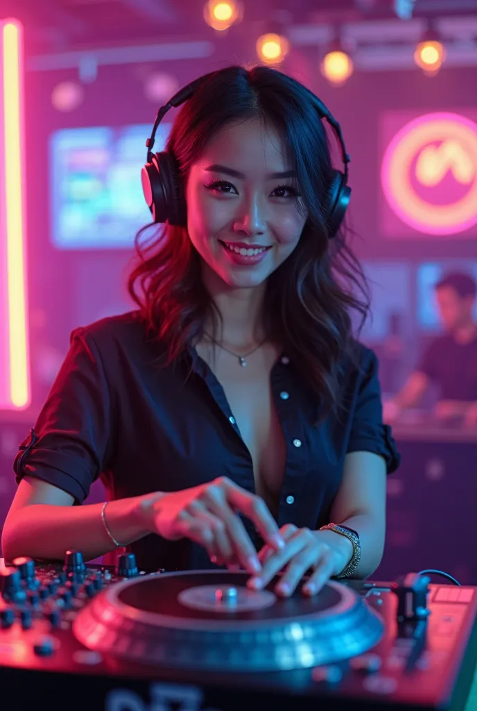  make me a picture of a beautiful woman with an asian face ,  she is a DJ and give me the picture complete with her DJ equipment