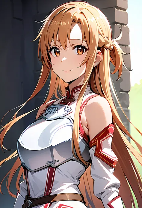 ((masterpiece)), Top Quality, very good detailed,(one girl),Yuuki Asuna、Asuna(Stay), brown eyes, rips bare shoulders, breastplate, armor,  sleeves are apart ,  gloves, white  gloves, (Red and white dress), long hair, smile,  background ,clothing, 