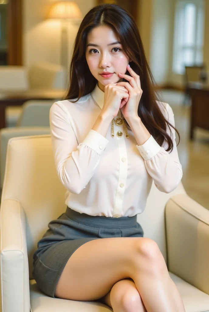 a young woman seated on a light-colored chair in an indoor setting, likely an office or lounge. She has long, dark hair styled neatly, and her expression is poised and confident. She is dressed in a professional yet stylish outfit, consisting of a white bl...