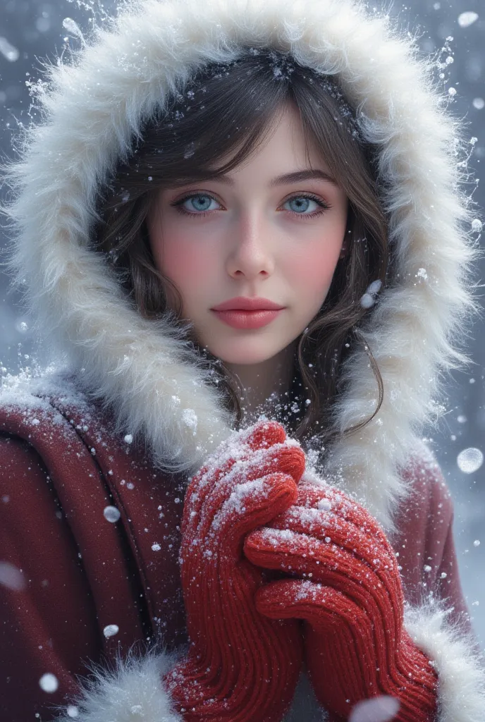 8k, masterpiece, highest quality, Surrealism, Winter, fur-lined white hood, snow falling, dark hair, innocent expression, red mittens, soft lighting, dreamy atmosphere, snowy background, closeup shot, gentle gaze, Burgundy coat, delicate snowflakes, ethere...