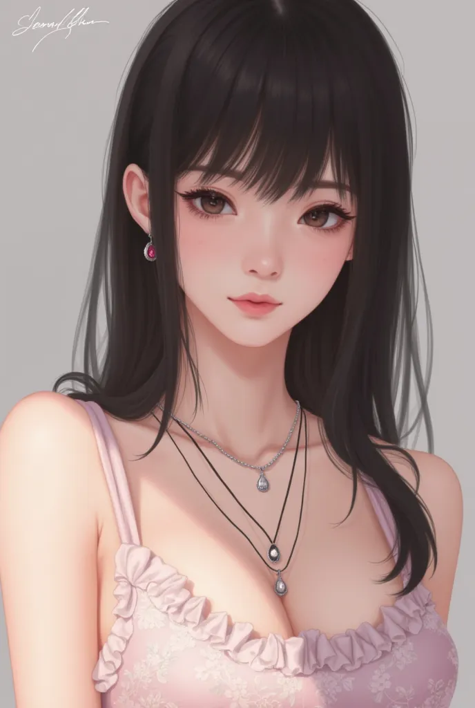 This is a digital painting or drawing of a young woman.  She has long, dark hair styled with bangs, and she's wearing a pale pink, low-cut top.  She's adorned with several delicate necklaces featuring pink and silver accents. Her expression is serene and s...