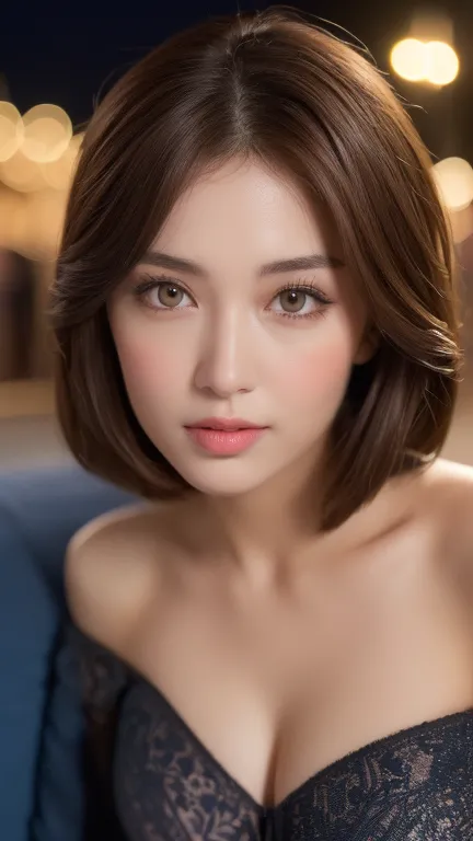 (( night view ,  Realistic light , best quality, 8k, masterpiece: 1.3)),  1 girl  ,   slim body beauty  : 1.4, ( brown hair ,  Medium Tits : 1.3), Off-Shoulder Cut Top: 1.3, sofa, face detail ultra, detailed eyes, double eyelids, Disneyland,   cleavage 