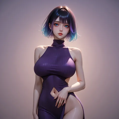 hand on own ass, ((purple black, hair, gradient hair ), top quality、 ( professional lighting without shadows )、 surreal, is fascinating、figure like a slender supermodel、 1 girl, ( big breasts, Belly button exposed), ( flat at honny, beautiful skin)), (明るい ...