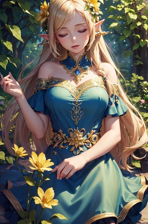 ((masterpiece)),((top quality)),((high detail)), photorealistic, elf woman, singing, blond hair, long hair, closed eyes, Upper body close-up, Medium Breast, Delicate decoration, Off-shoulder dress, Flower Garden, happy