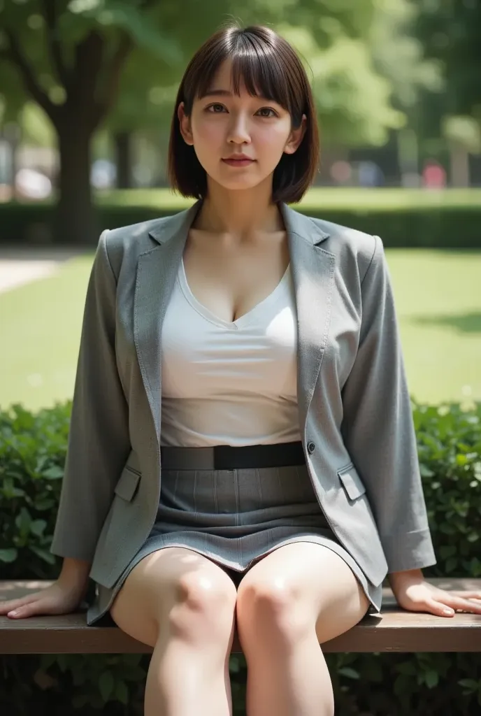 1 female,beauty,20th Generation，Detailed face、,Beautiful Face,smile,(Grey suit、mini skirt、White shirt:1.1)、break、Sexy garter belt panties、(Showing panties:1.3)、(sitting on a park bench, Spread your legs wide) 、A dignified appearance,Plump Style,(heavy, Sag...