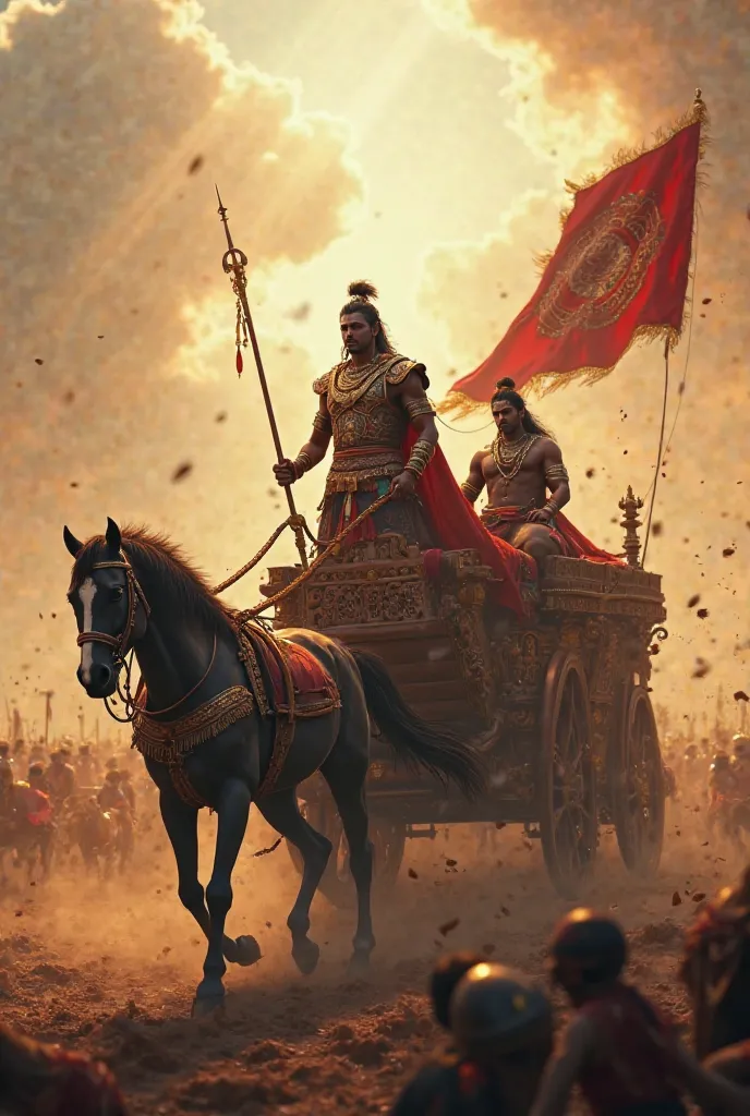 Arjuna standing in his chariot, looking determined, with Krishna guiding him on the battlefield.