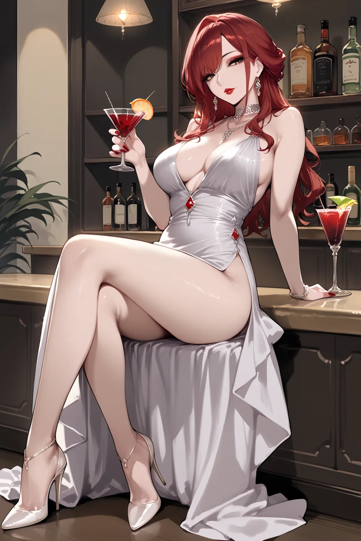 score_9, score_8_up, score_7_up,source_anime,solo,beautiful adult woman,
long wavy dark red hair, seductive gaze,  makeup, deep red lips, cocktail dress, high slit dress, sultry, mysterious, alluring, stylish, choker necklace, high heels, bar owner, 





...