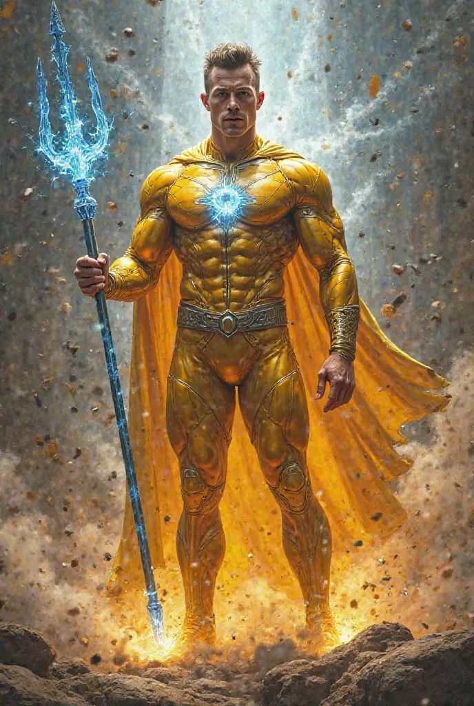 Superhero with silver rays wearing gold clothing with a flamboyant blue trident of 20 years with super strength with a posh haircut