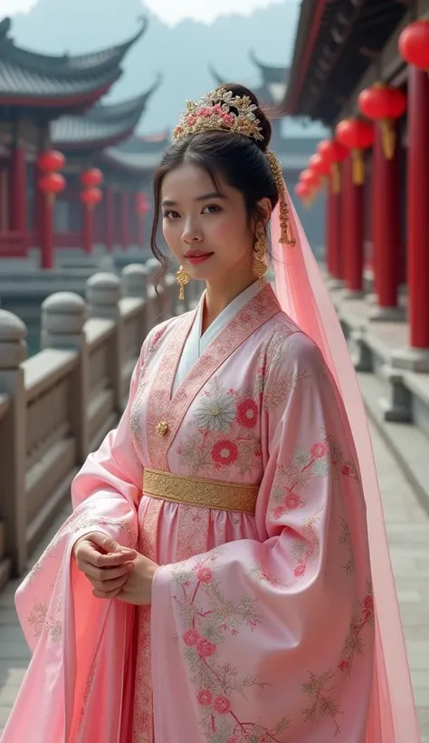 A 30-year-old Asian Muslim woman wearing an opulent and intricately designed traditional Chinese Hanfu inspired by the Ming Dynasty. The Hanfu is pink with elaborate floral and bird embroidery, featuring luxurious silk fabric with delicate gold and silver ...