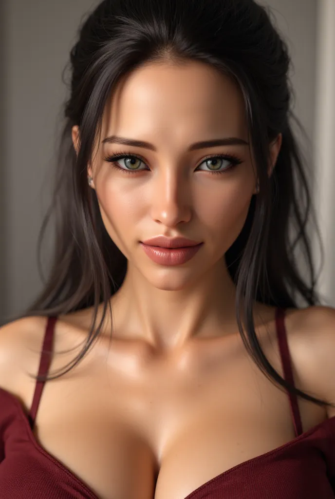 Realistic symmetrical close up portrait, realistic skin, Beautiful high-ranking woman witch, glow up make up,  charming woman, seducing, seductive looking, seduce,sardonic smile , lips full in love ,photorealistic , Symmetrical close-up portrait of a beaut...