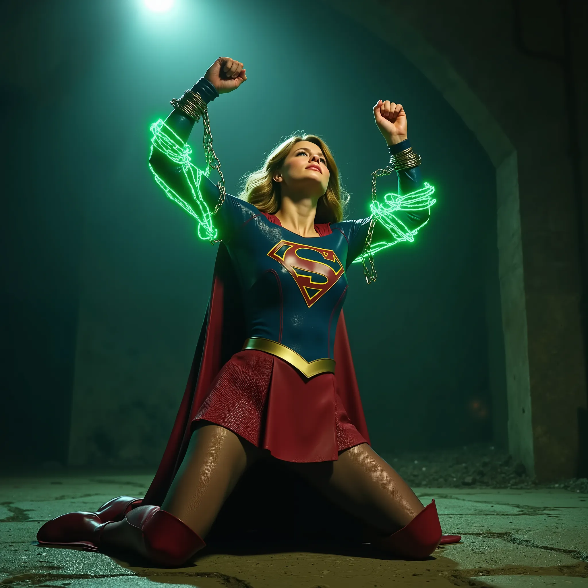 Melissa Benoist as Supergirl, the Supergirl is laying down flat on the floor, her hands is tied over her head with chain, her both arms are tied with a green lighting chain, a lot of chains wrapped around her wrists and neck, spread out her arms, She is we...