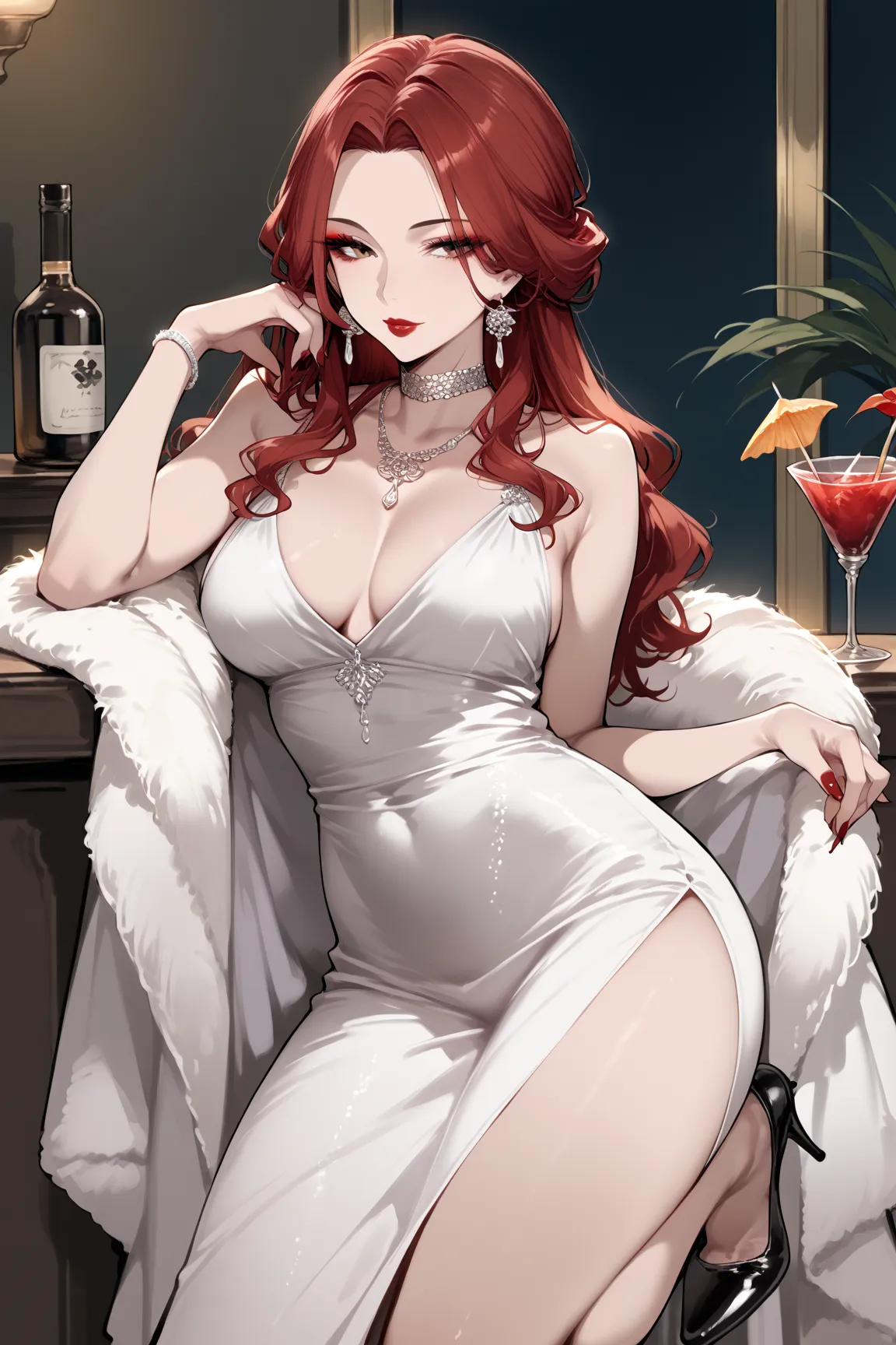 score_9, score_8_up, score_7_up,source_anime,solo,beautiful adult woman,
long wavy dark red hair, seductive gaze,  makeup, deep red lips, cocktail dress, high slit dress, sultry, mysterious, alluring, stylish, choker necklace, high heels, bar owner, forehe...