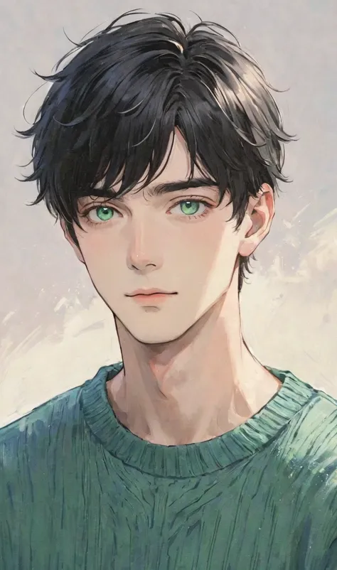  1 male character　 black hair　Short Hair　green eyes　 blue sweater 