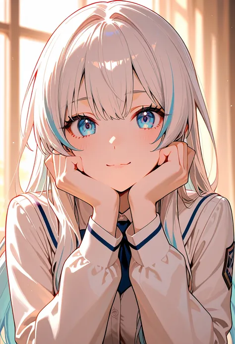 1 female, long hair, white hair with blue highlights, blue eyes, beautiful face, wearing a white and blue academy school uniform.