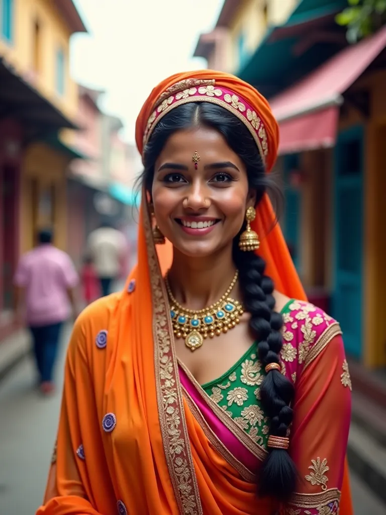 Fancy Indian clothes, Hair covered with an Indian turban , a natural smile back in an Indian city , 4K, Super details,  realistic scene , photography,, Studio lighting