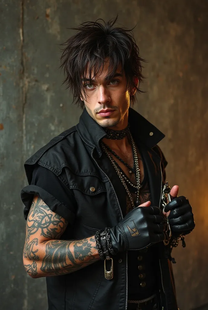 A 27 year old male band vocalist, Height: 1.78 m
Hair: Dark brown, cut unevenly, and can be either long or short
Eyes: Green
Skin Tone: Golden
Style: Predominantly dark clothing, layered with fingerless gloves, chains, and torn clothes
Tattoo: A tattoo of ...