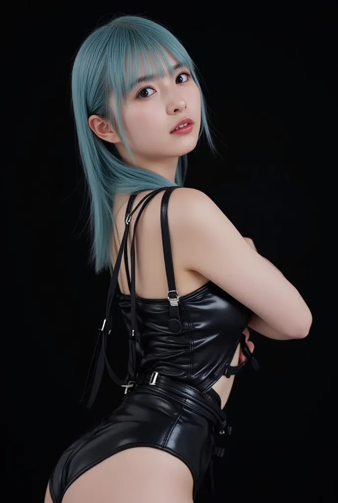 Image of sexy girl, Best Quality, perfect anatomy, perfect fingers, (ultra Realistic), 1 girl, pale blue hair, (pixie cut hair:1.5), (Wind-blown hair from the front:1.5), with fair skin and seductive pale blue-eyes, (nsfw:1.3), (wrapped Harness fashion art...