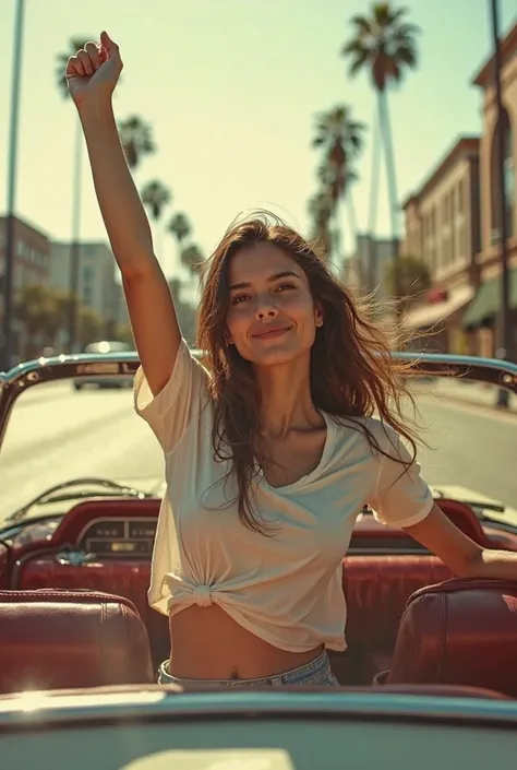  woman ride a classic car filmed on expired film ,          one hand in the air         , 期限切れの shot on film             ,       woman riding a open air classis car in LA on expired film Taken with a {x}           Hasselblad Camera      、        Grainy pho...