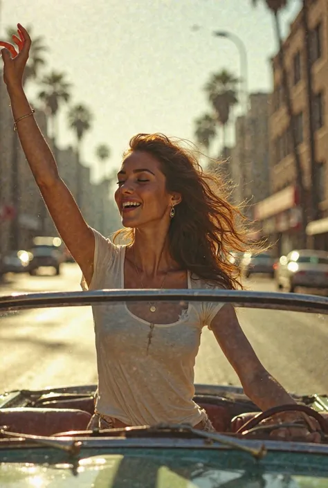  woman ride a classic car filmed on expired film ,          one hand in the air         , 期限切れの shot on film             ,       woman riding a open air classis car in LA on expired film Taken with a {x}           Hasselblad Camera      、        Grainy pho...