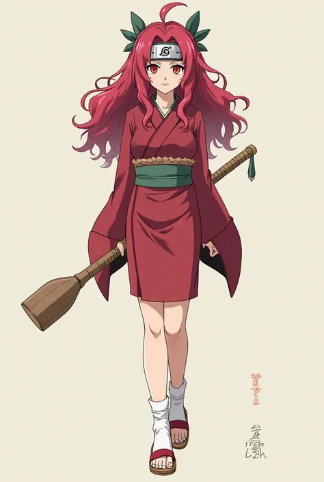 Naruto anime character, women ,30 years old,deep red hair,curly hair across the back,red-orange eyes,light red lips,knee-length kimono dress,forehead ribbon with leaf village symbol,legs wearing sandals wooden soles,Weapon handle,long legs