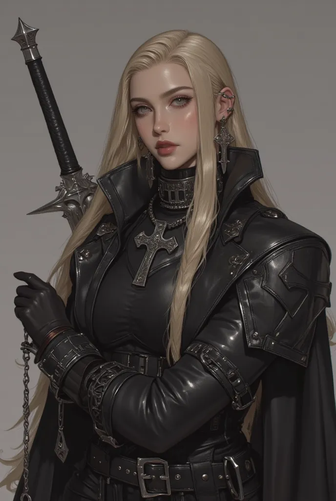   close-up of a person with a sword wearing a leather coat, Sephiroth, Sephiroth  from Final Fantasy , a photo of Sephiroth,  from Final Fantasy ,  leather armor , sexy long blonde hair woman wearing biker leather outfit,  Final Fantasy Characters ,  Style...