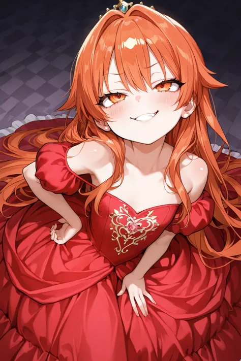 Girl, bratty, short, petite, perfect hair, small, smug, Princess, red dress, loli, playful, red blood hair, orange red eyes, looking up, lush beautiful garden.