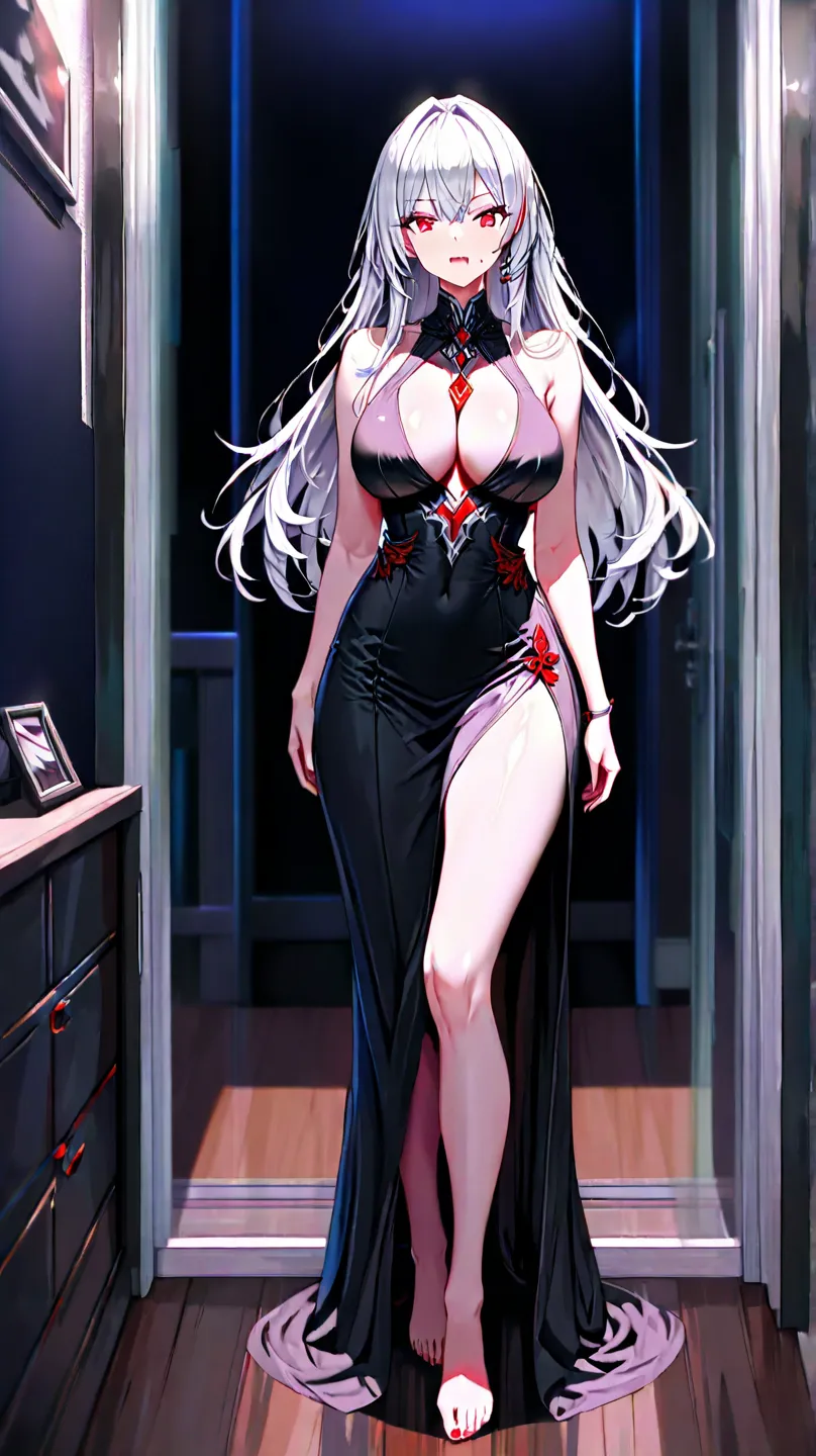 1beautiful woman, long hair, silver hair,red  eyes,large breasts,fang,


 ,in room,at midnight,




,from front,full body, 

 standing,looking at viewer,,wearing black maxi dress,

best quality, best quality,ultra detailed,high resolution,super detailed sk...