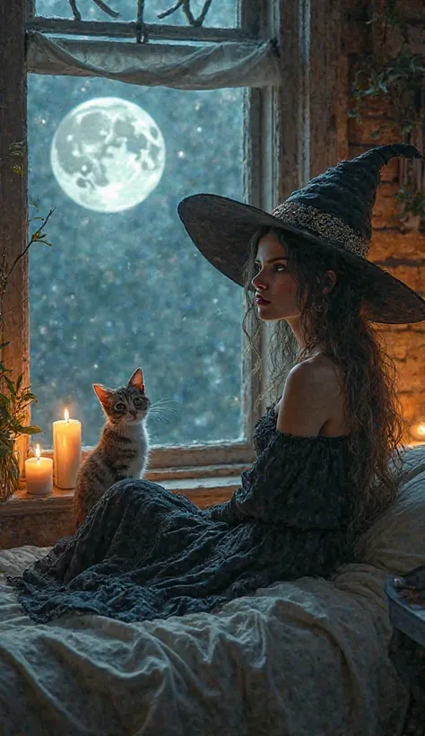 A beautiful witch with her pregnant hat with candles sitting on the bed in an old house watching the moon out the window and a cat watching the moon 