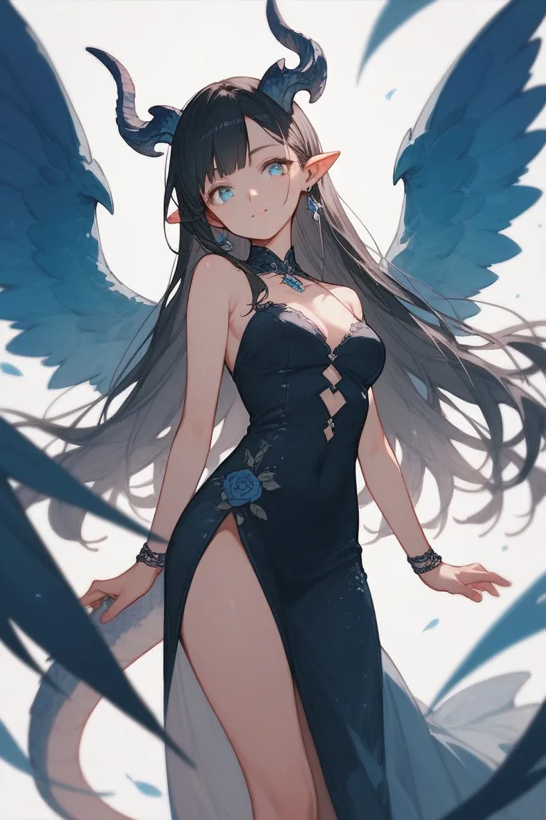  A anime  dragon girl with long. Black hair and one blue eye and  one grey eye and  is super pretty and is wearing a dress and has wings and horns 