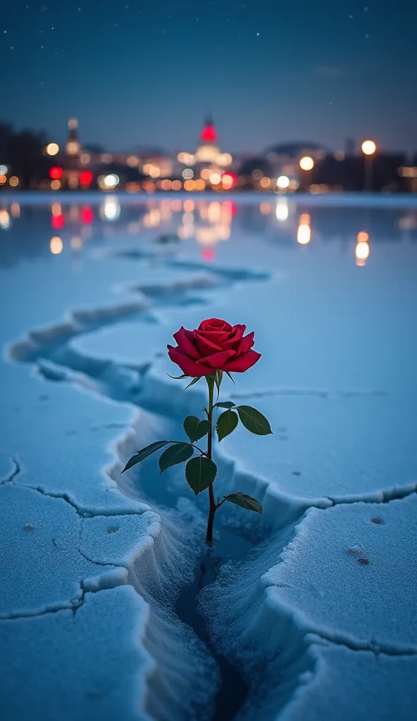 A frozen lake in winter, reflecting a starry night sky. Cracks in the ice form a maze-like pattern, but in the center is a single red rose blooming. Behind it, in contrast, a city with neon lights and chaotic movement, but everything seems distant and blur...