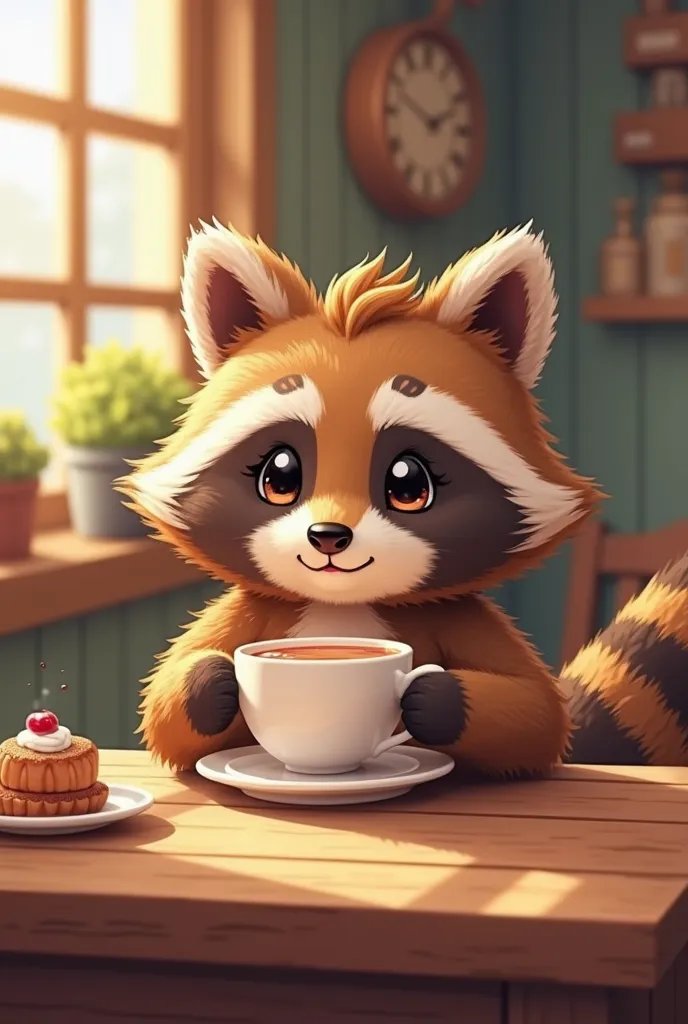 a blond, dark or brown raccoon, drinking a cup of tea, cartoon style