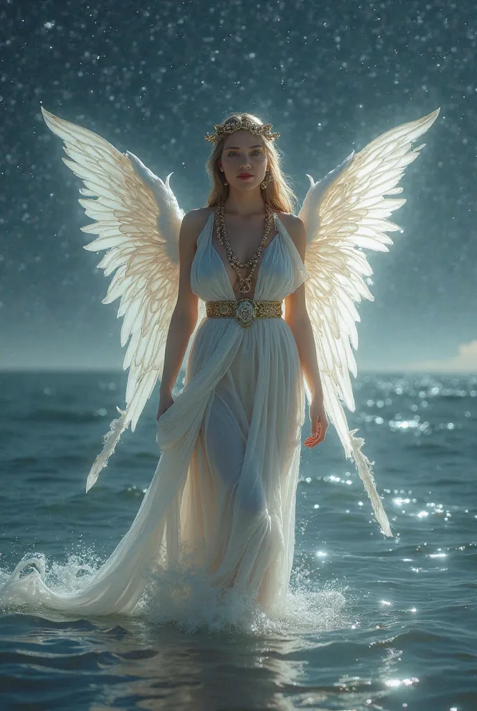    cute girl 、                   ancient Greek costume   、            Angel Wings、Night sea