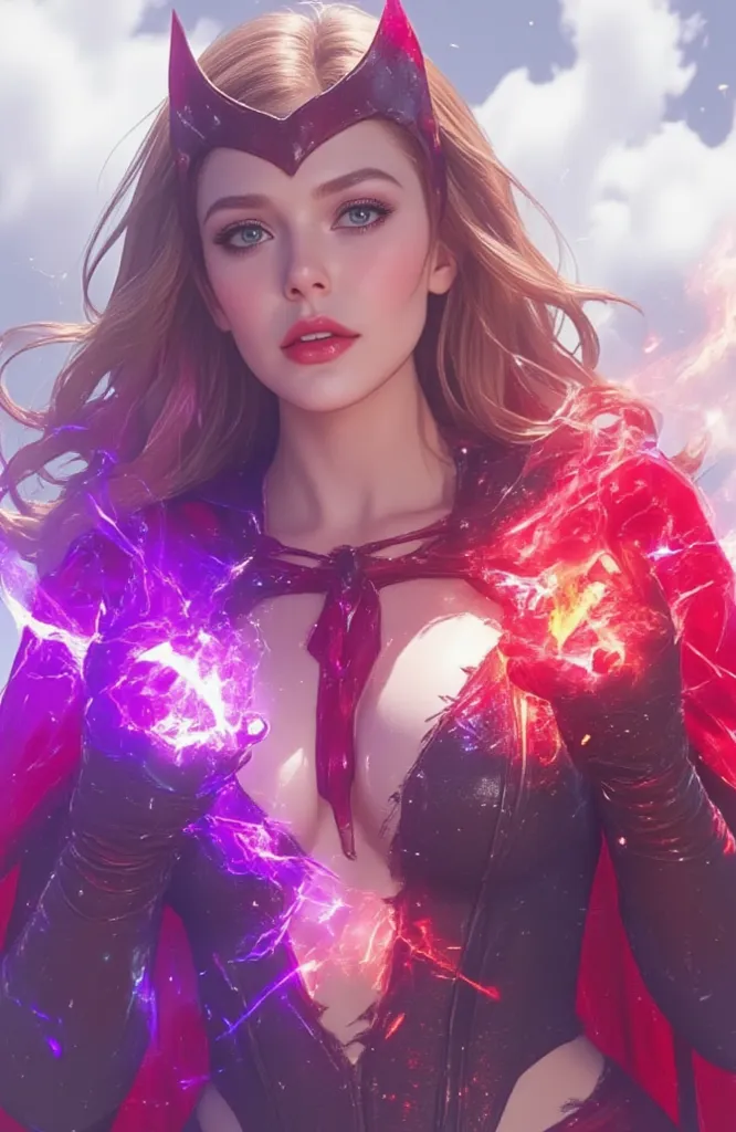 score_9, score_8_up, score_7_up, by 0r0ch1, solo, 1 girl, milf, Scarlett Witch, Elizabeth Olsen, wearing Scarlett witch classic costume, tight revealing costume and cloak, nude stomach, costume being torn apart by purple magical power, black bra exposed be...