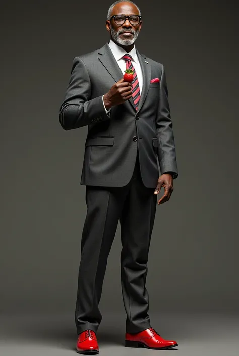 A handsome young African man of about 60 years old wearing a gray suit, glasses, a white shirt, red leather shoes, holding a strawberry in his hand.