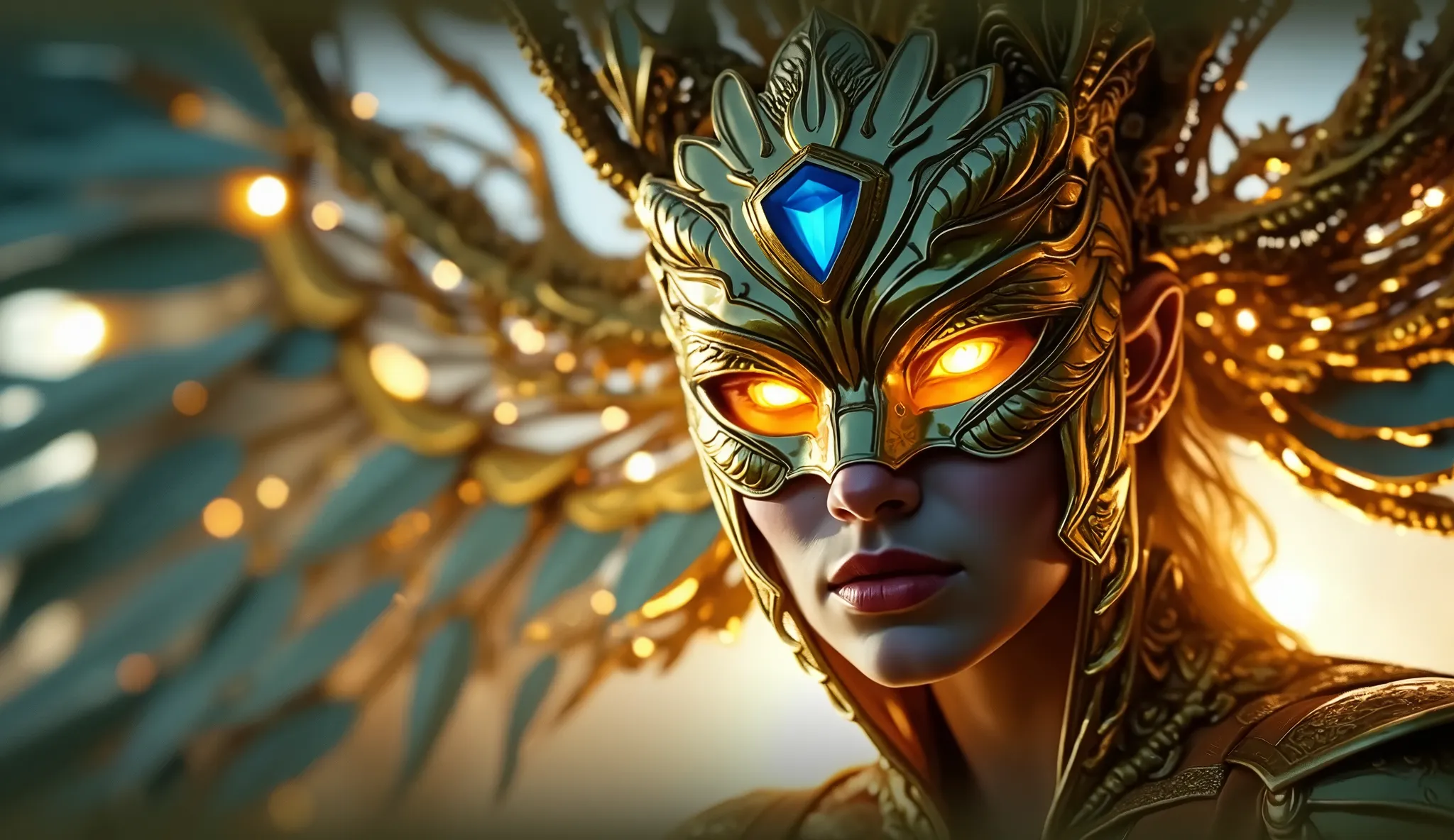 A woman, likely of light-skinned ethnicity, young adult age, is centrally positioned in the image. She wears a large, ornate golden mask with intricate details and glowing, fiery orange eyes.  The mask features blue gems and is detailed with gold embellish...