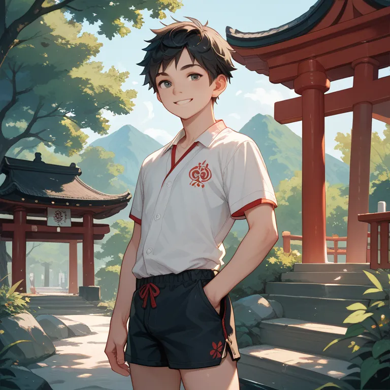 1little Boy, solo, black hair, smile, Short sleeve shirt, shorts, Looking at the viewer, Nearby shrine