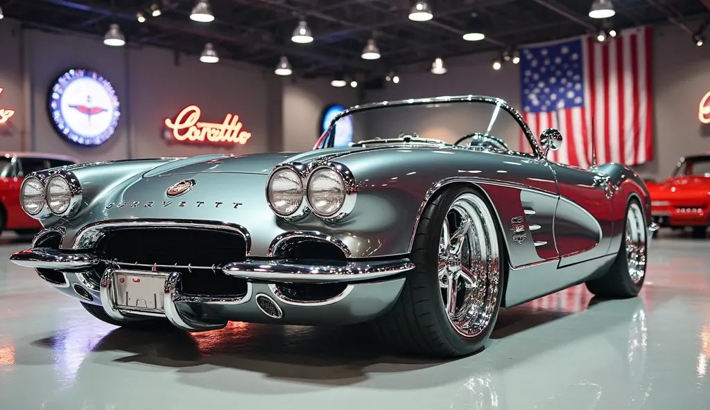 A highly customized 1960 Chevrolet Corvette C2 with an ultra-modern, low-riding stance, sitting in a luxury auto showroom. The vehicle features a sleek, glossy grey paint job with intricate reflections on its surface. It has massive, chrome multi-spoke whe...