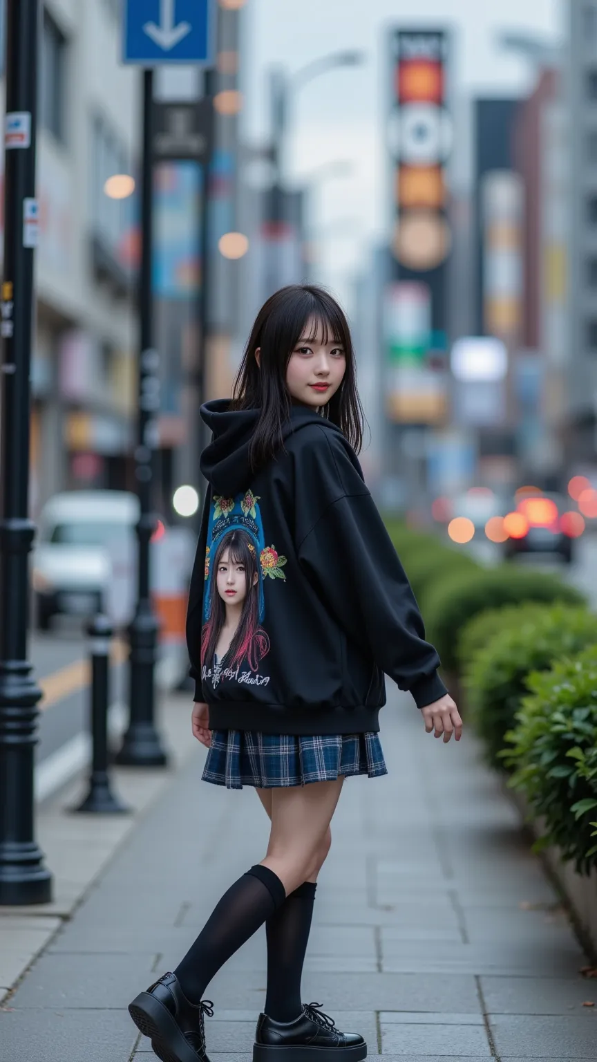 A realistic photo of a young Japanese woman walking on a busy Shibuya street, captured in a full-body shot with a slight motion blur, showing her mid-step with one leg forward. She has long straight dark hair with bangs, fair complexion, and a subtle, chee...