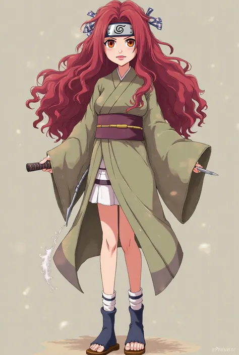 Naruto anime character, women ,30 years old,deep red hair,curly hair across the back,red-orange eyes,light red lips,knee-length kimono dress,forehead ribbon with leaf village symbol,legs wearing sandals wooden soles,long legs,party wearing a dagger.