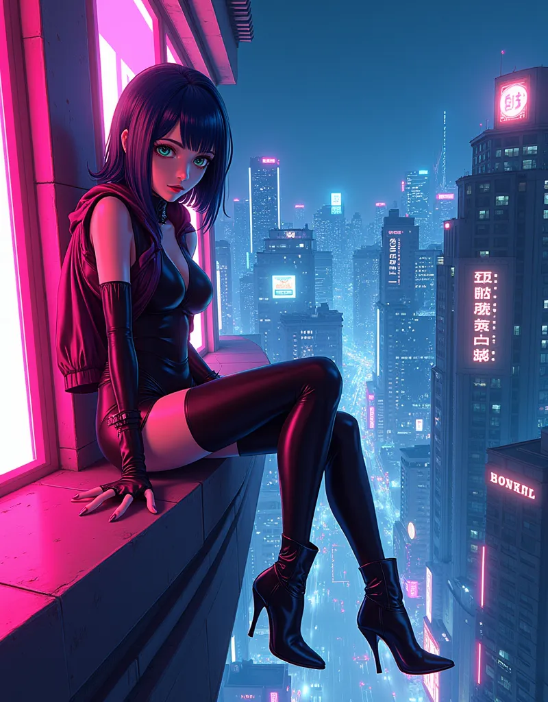 (Cyberpunk aesthetics:1.2), (city background:1.6), girl sitting on a balcony ledge, high-neck leotard, (fingerless elbow gloves), stockings, collar, (short sleeved cropped jacket:1.2), side cut dark blue hair, green eyes, high-heeled boots, neon color grad...