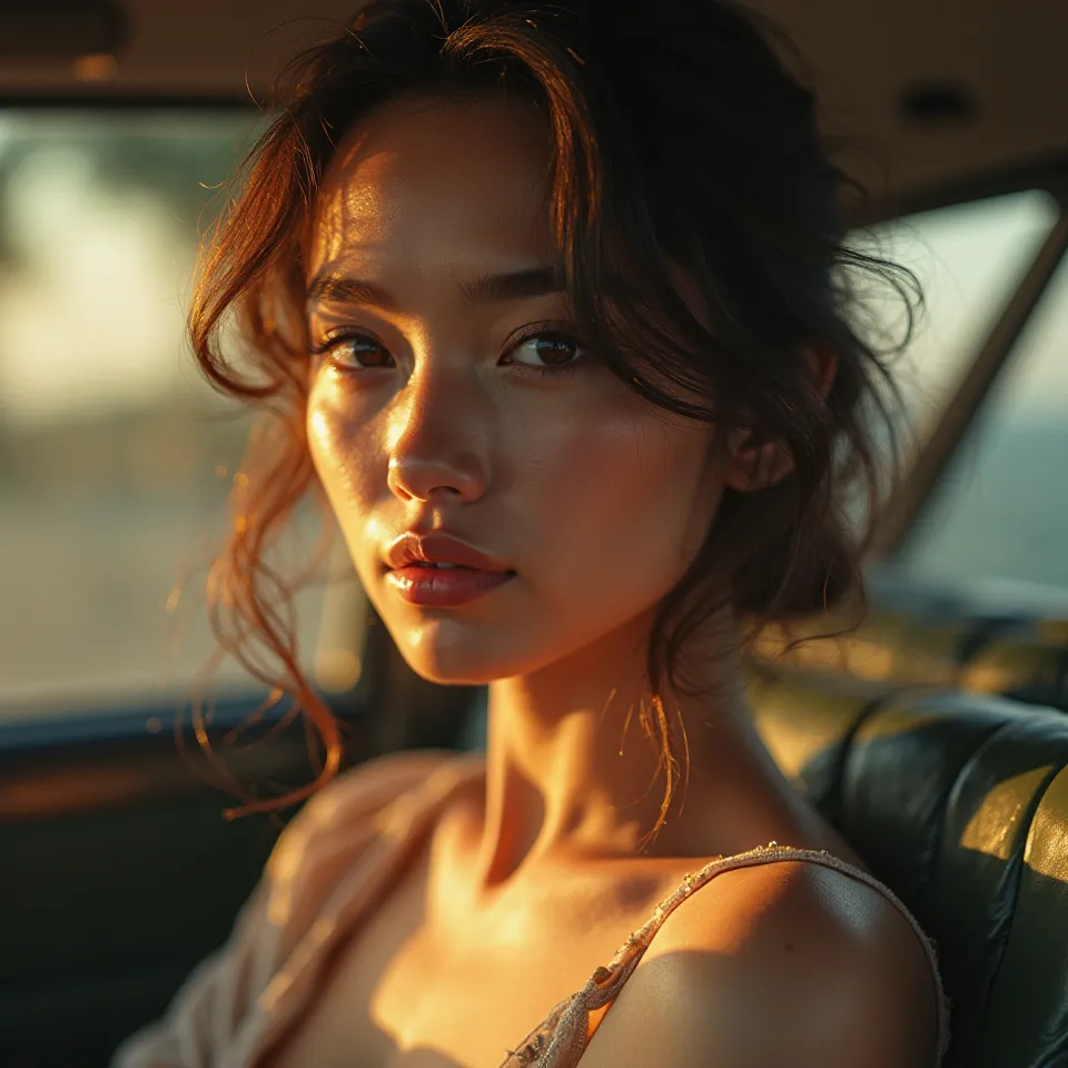 a beautiful sedan, , a gentle breeze blowing around , ambient lighting, logically coherent composition, ultra-detailed, 8K, photorealistic, portrait, high quality, dramatic lighting, intricate facial features, delicate skin, mesmerizing gaze, elegant postu...