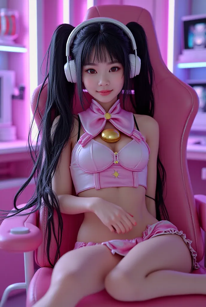 
A stunning young woman with long, silky black hair styled in twin tails sits in a pink gaming chair, exuding charm and confidence. She has deep brown eyes, a bright smile, and flawless, smooth skin with a natural glow. Her facial features are symmetrical ...