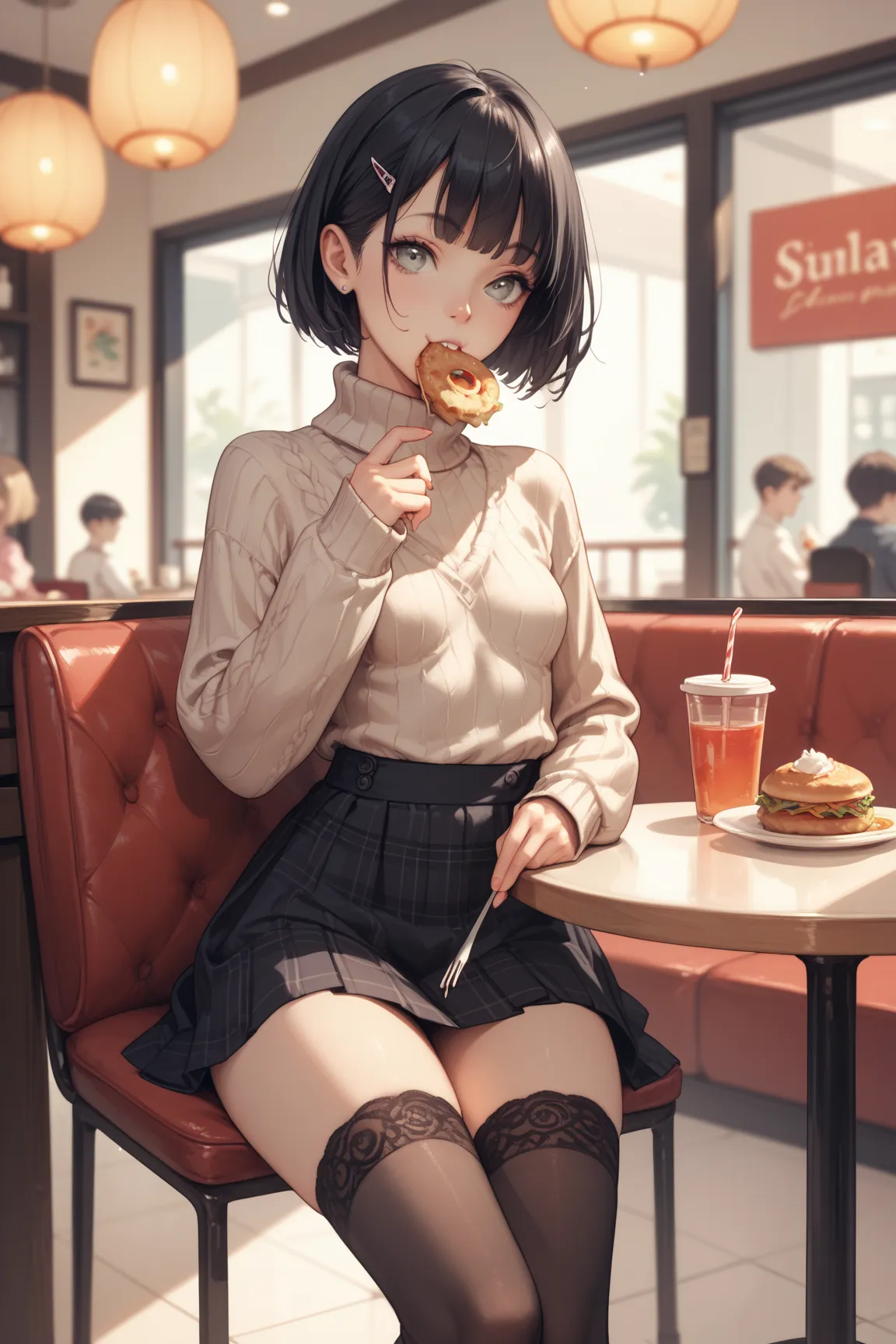 Skinny Girl ,  Black hair ,  short hair,  grey eyes,  small breasts ,  wide hips, in a restaurant, skirt, sweater, stockings, eating