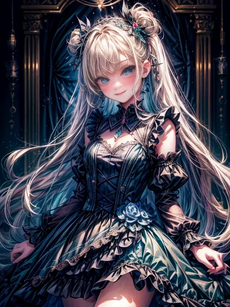 prompt:  8k resolution for kindergarten ren, kind face, ,  single, Unique students, Smiling Face, blond with a big face, princess cut, Butterfly Hair Ornament,  Blog, shiny dark blue dress,  Lolita Style, Gothic, growing up, Otaku Room, Female Imp