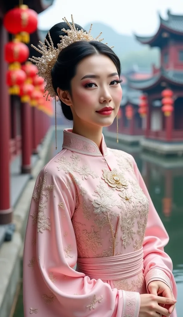 A 30-year-old Asian Muslim woman wearing an extravagant and highly detailed traditional Chinese Hanfu inspired by the Ming Dynasty. The Hanfu is a soft pink with delicate gold embroidery, featuring intricate floral and pearl embellishments. The flowing, tr...