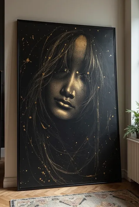 large painting inside a, framework . Black canvas painting , painted in acrylic, pin, in a black frame, artistic painting , exhibited in a painting inside a room, painting with brush, painting with pencil and brush strokes, gold leaf art, Sensual